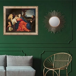 «Virgin and Infant with Saint John the Baptist and Donor» в интерьере классической гостиной с зеленой стеной над диваном