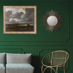 «Долина с руинами» в интерьере классической гостиной с зеленой стеной над диваном