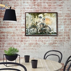 «Дети на велосипеде, рисунок на стене» в интерьере кухни в стиле лофт с кирпичной стеной