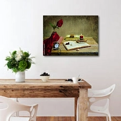 «Натюрморт с красной розой и книгой на деревянном столе» в интерьере кухни с деревянным столом