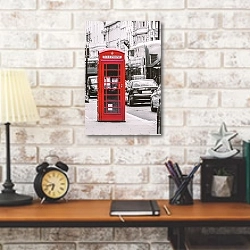 «Лондонская красная телефонная будка у дороги» в интерьере кабинета в стиле лофт над столом