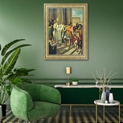 «Крещение великого князя Владимира в Корсуни. 1829» в интерьере гостиной в зеленых тонах