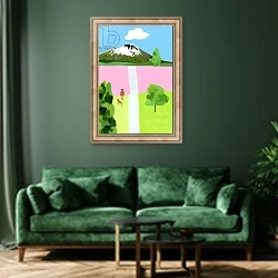 «Pink Hill 1» в интерьере зеленой гостиной над диваном