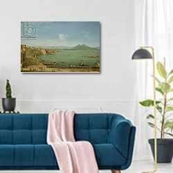 «View of Naples from the Bay with Mt. Vesuvius» в интерьере современной гостиной над синим диваном