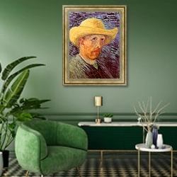 «Автопортрет с соломенной шляпой» в интерьере гостиной в зеленых тонах