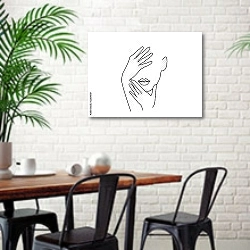 «Силуэт женского лица с руками» в интерьере столовой в скандинавском стиле с кирпичной стеной