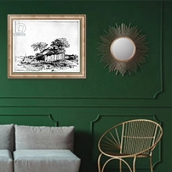 «Cottage with a white paling, 1648» в интерьере классической гостиной с зеленой стеной над диваном