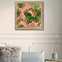 «Тропический узор с тигром и пальмовыми листьями» в интерьере в классическом стиле в светлых тонах