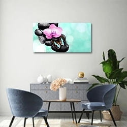 «Бабочка и цветок орхидеи на камнях» в интерьере современной гостиной над комодом