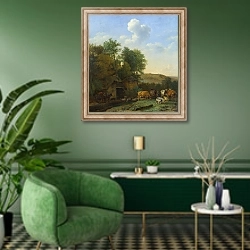 «Пейзаж с коровами, овцами и лошадьми у амбара» в интерьере гостиной в зеленых тонах