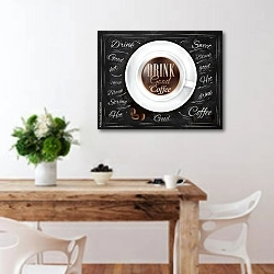 «Кофейный плакат 4» в интерьере кухни с деревянным столом