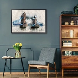 «Винтажный вид на Тауэрский мост в Лондоне» в интерьере гостиной в стиле ретро в серых тонах