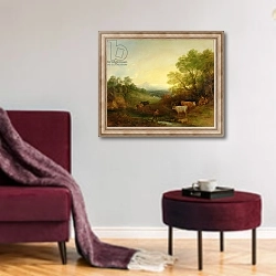 «A Landscape with Cattle and Figures by a Stream and a Distant Bridge, c.1772-4» в интерьере гостиной в бордовых тонах