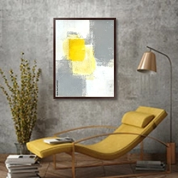 «Жёлто-серая абстракция с квадратами» в интерьере в стиле лофт с желтым креслом