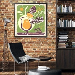 «Ретро плакат с коктейлем пина-колада» в интерьере кабинета в стиле лофт с кирпичными стенами