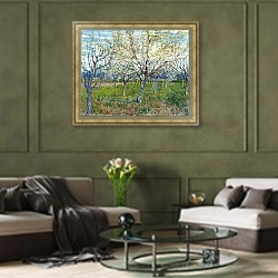 «Фруктовый сад с цветущими абрикосами» в интерьере гостиной в оливковых тонах