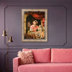 «Girl holding a doll in an interior with a maid sweeping behind» в интерьере гостиной с розовым диваном