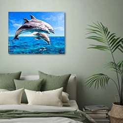 «Дельфины, вектор» в интерьере современной спальни в зеленых тонах