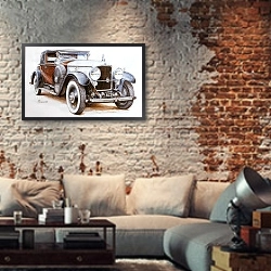 «Автомобили в искусстве 41» в интерьере гостиной в стиле лофт с кирпичной стеной