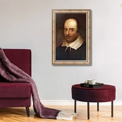 «Portrait of William Shakespeare» в интерьере гостиной в бордовых тонах
