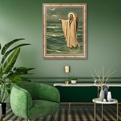 «Christ walking on the sea» в интерьере гостиной в зеленых тонах