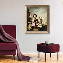 «The Good Shepherd, c.1650» в интерьере гостиной в бордовых тонах
