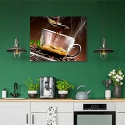 «Чашка ароматного крепкого кофе» в интерьере кухни с зелеными стенами