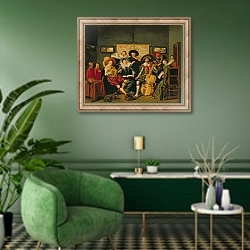 «A Musical Party, c.1625» в интерьере гостиной в зеленых тонах