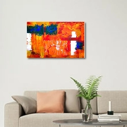 «Абстракция с синими пятнами на красном фоне» в интерьере современной светлой гостиной над диваном