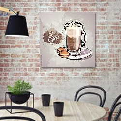 «Иллюстрация с высоким стаканом кофе» в интерьере современной кухни с кирпичной стеной