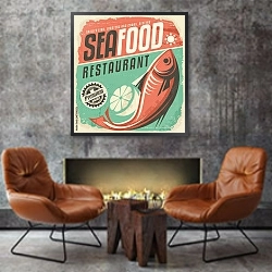 «Ретро-плакат для ресторана морепродуктов» в интерьере в стиле лофт с бетонной стеной над камином
