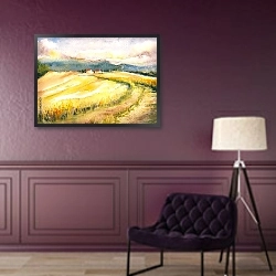 «Сельский пейзаж с тосканских холмов в Италии.» в интерьере в классическом стиле в фиолетовых тонах