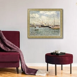 «Le Port du Havre, 1905» в интерьере гостиной в бордовых тонах