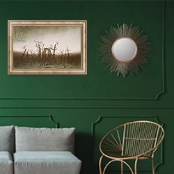 «Abbey in the Oakwood, 1810» в интерьере классической гостиной с зеленой стеной над диваном