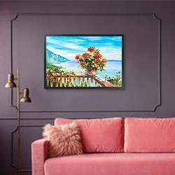 «Букет цветов на фоне Средиземного моря» в интерьере гостиной с розовым диваном