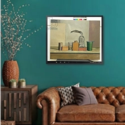 «Still Life with Passion Pods» в интерьере зеленой гостиной над диваном