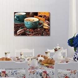 «Чашка кофе в старой чашке с печеньем на столе» в интерьере кухни в стиле прованс над столом с завтраком