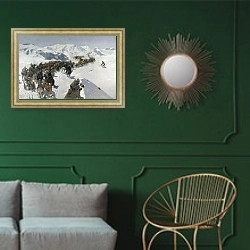 «Переход князя Аргутинского через Кавказский хребет. 1892» в интерьере классической гостиной с зеленой стеной над диваном
