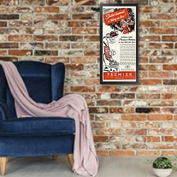 «Ретро-Реклама 60» в интерьере в стиле лофт с кирпичной стеной и синим креслом