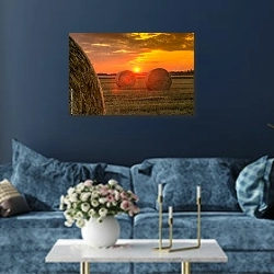 «Закат над полем. Лето» в интерьере современной гостиной в синем цвете