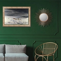 «Дилижанс в снегу» в интерьере классической гостиной с зеленой стеной над диваном