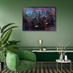 «Беседка в скалах» в интерьере гостиной в зеленых тонах