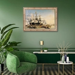 «King Louis-Philippe Disembarking at Portsmouth, 8th October 1844, 1846» в интерьере гостиной в зеленых тонах