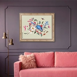 «Птица на ветке с розовыми цветами, ягодами и жуками» в интерьере гостиной с розовым диваном