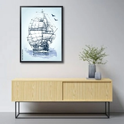 «Морской парусник с белыми парусами» в интерьере в скандинавском стиле над тумбой