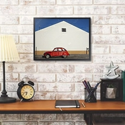 «Красный автомобиль у белого дома» в интерьере кабинета в стиле лофт над столом