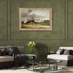 «A View of Windsor Castle from the Brocas Meadows, 1856» в интерьере гостиной в оливковых тонах