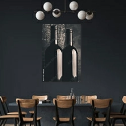 «Выдержанное вино. Чёрно-белое фото» в интерьере столовой с черными стенами