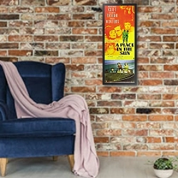 «Poster - A Place In The Sun» в интерьере в стиле лофт с кирпичной стеной и синим креслом