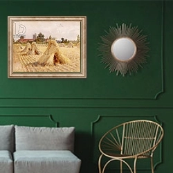 «Corn Stooks by Bray Church, 1872» в интерьере классической гостиной с зеленой стеной над диваном